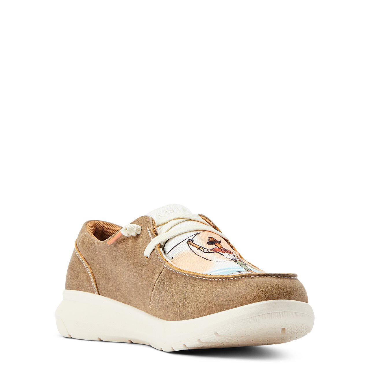 Angled View of Ariat Women's Hilo Western Aloha Shoe in Brown Bomber