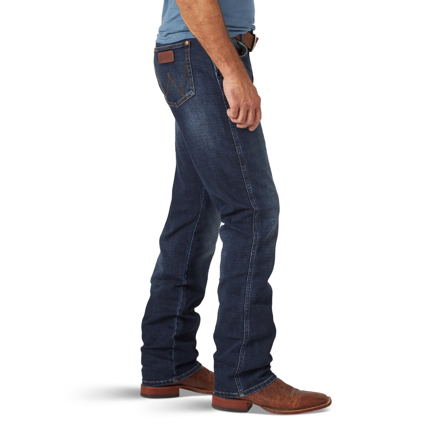 Side View of Man Wearing Men's Wrangler Retro Premium Slim Fit Straight Leg Jean