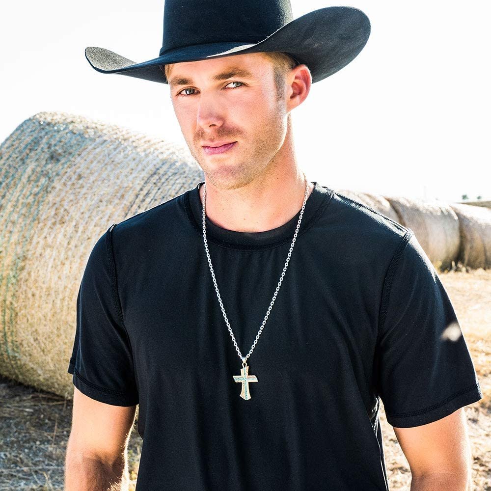 Man Wearing Montana Silversmiths Men's Inner Light Turquoise Cross Necklace
