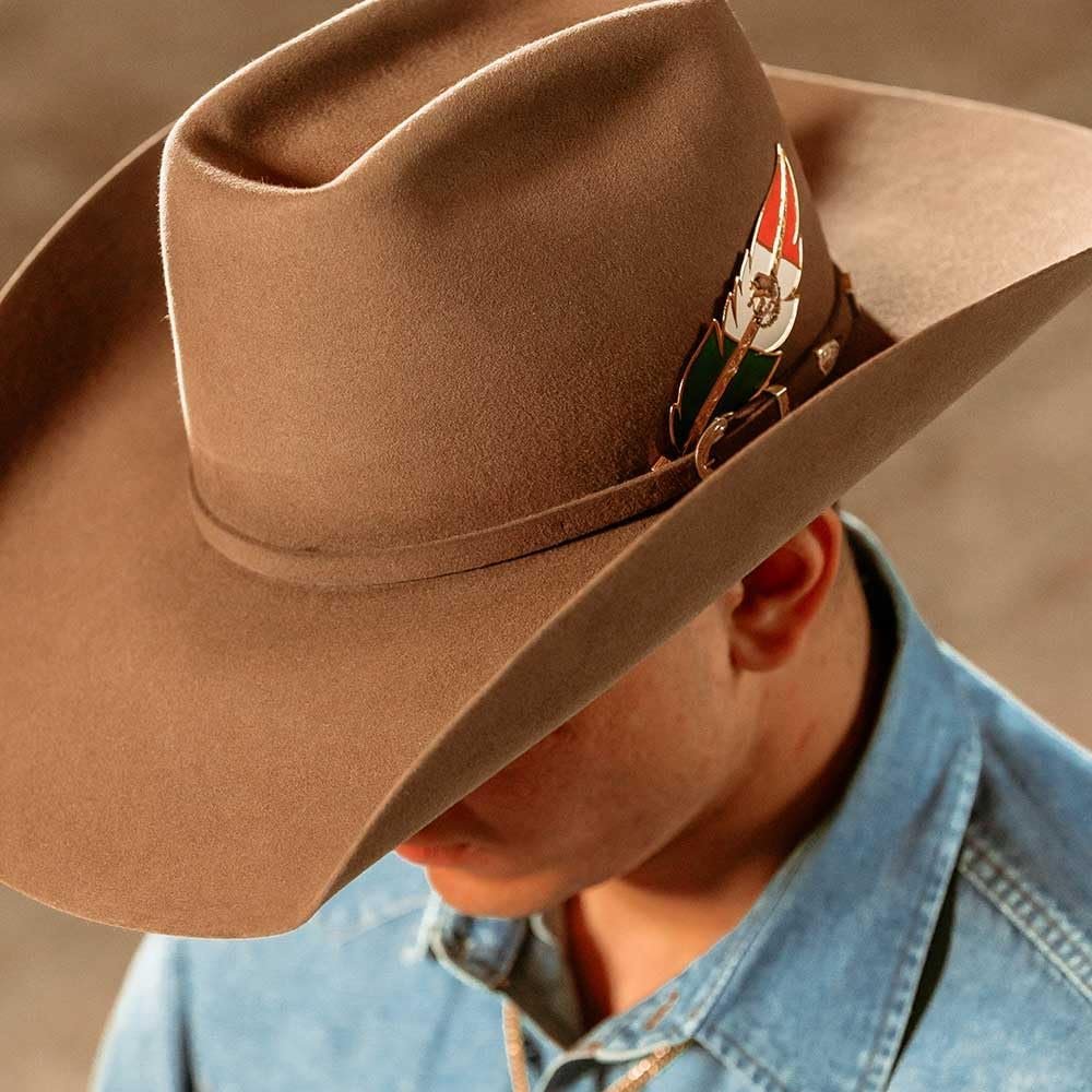 
                  
                    Cowboy Wearing Montana Silversmiths Mexican Pride Hat Feather, Gold
                  
                