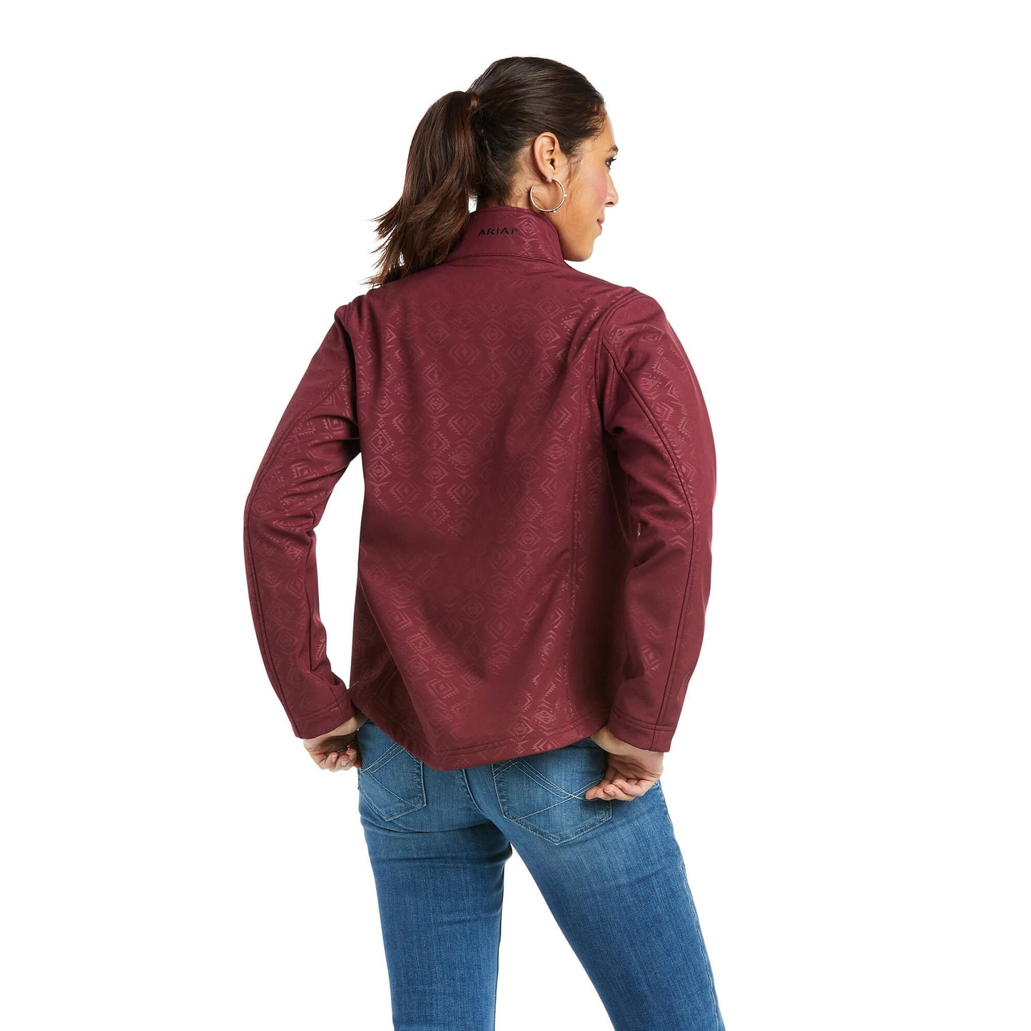 Back of Ariat Women's REAL Softshell Jacket in Windsor Wine Embossed