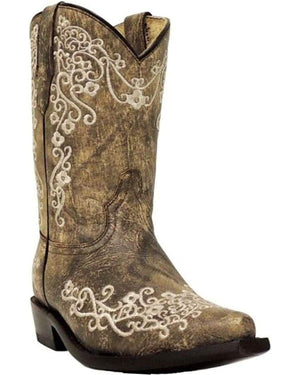 Corral Boots Girls' Bone Color Floral Embroidery Snip Toe Cowboy Boot