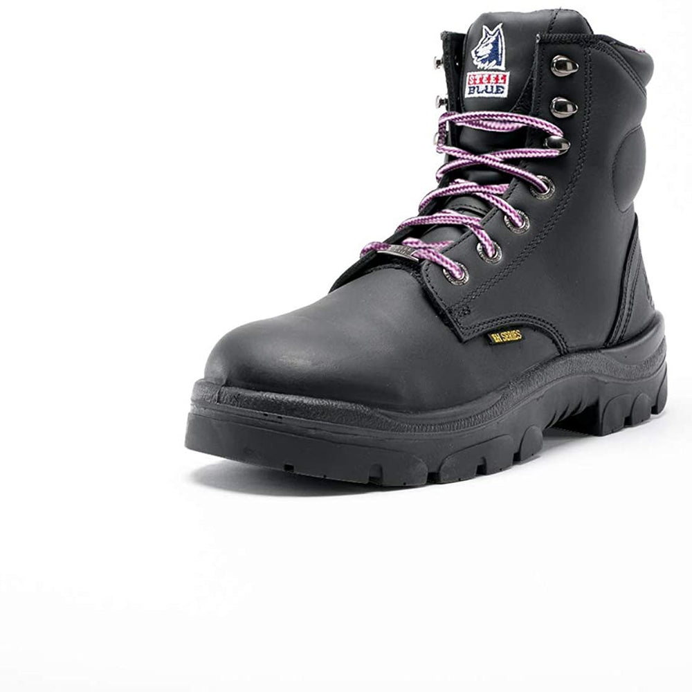 Angled Front View of Steel Blue Argyle Ladies Safety Boot in Black