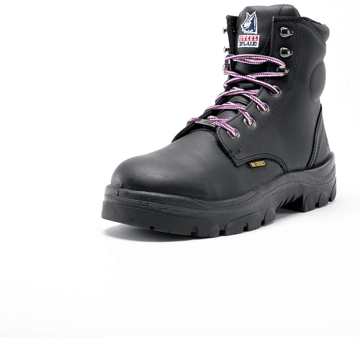 Angled Front View of Steel Blue Argyle Ladies Safety Boot in Black