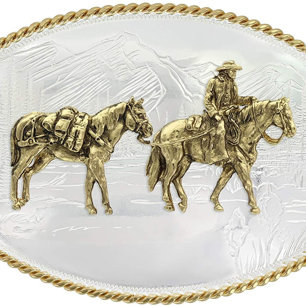 
                  
                    Montana Silversmiths Men's Rippling Waters Custom Western Belt Buckle, Pack Horse
                  
                