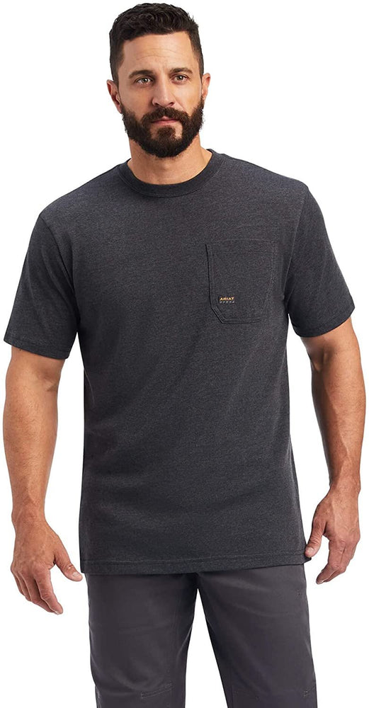 Man Wearing Ariat Men's Rebar Cotton Strong Dog Tags T-Shirt in Charcoal Heather