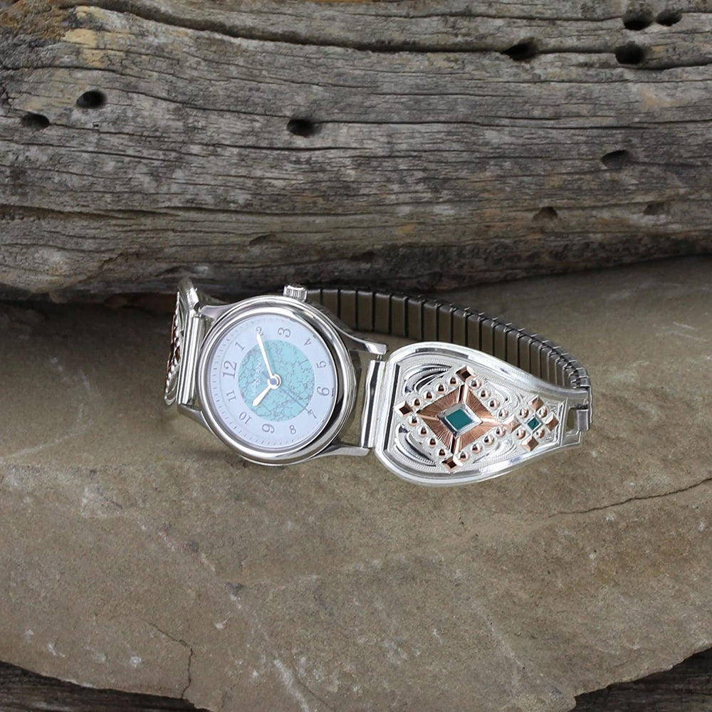 
                  
                    Montana Silversmiths Women's Two Tone Southwestern Beats Expansion Watch on Natural Background
                  
                