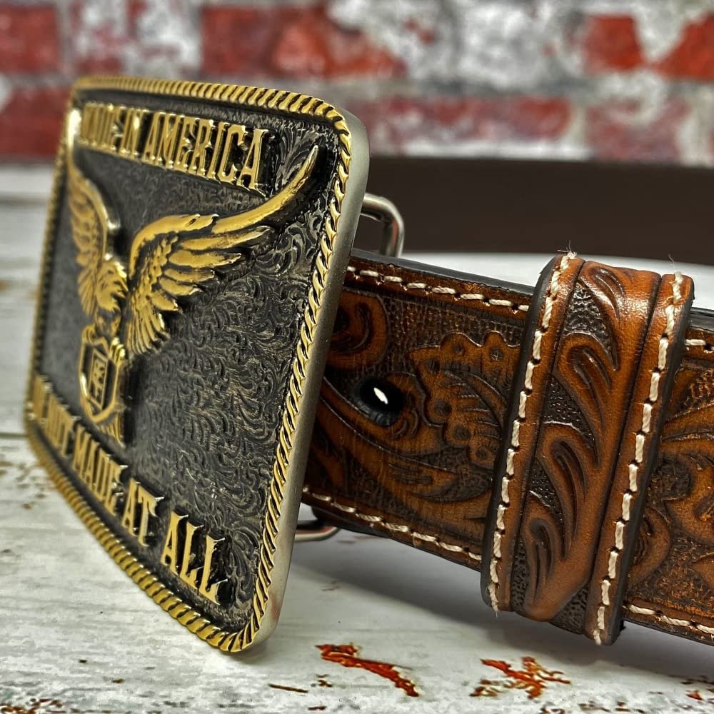 
                  
                    Side Angled View of Montana Silversmiths Southwest Collection Attitude Western Belt Buckle, Made in America on Brown Leather Belt
                  
                