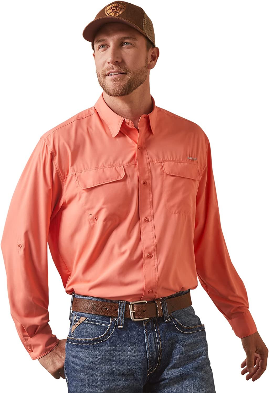 Man Wearing Ariat Men's VentTEK Outbound Classic Fit Shirt in Burnt Sienna