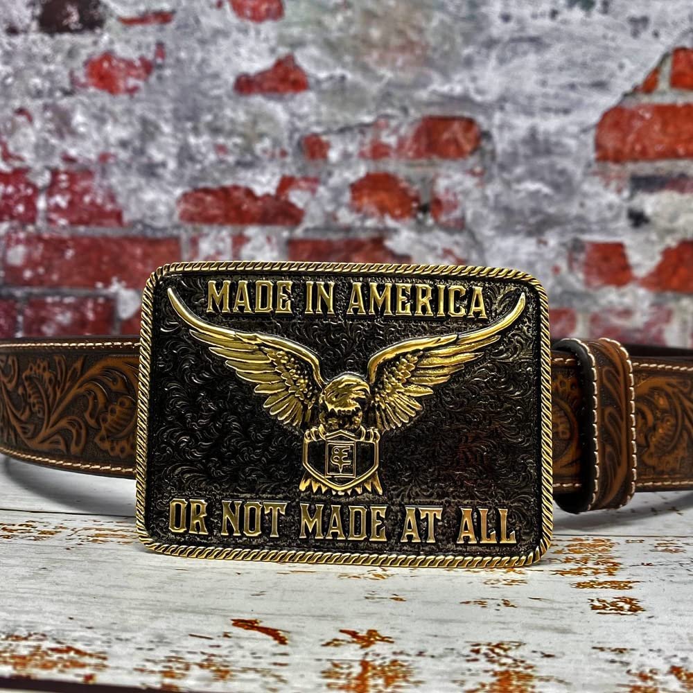 
                  
                    Montana Silversmiths Southwest Collection Attitude Western Belt Buckle, Made in America on Brown Leather Belt
                  
                