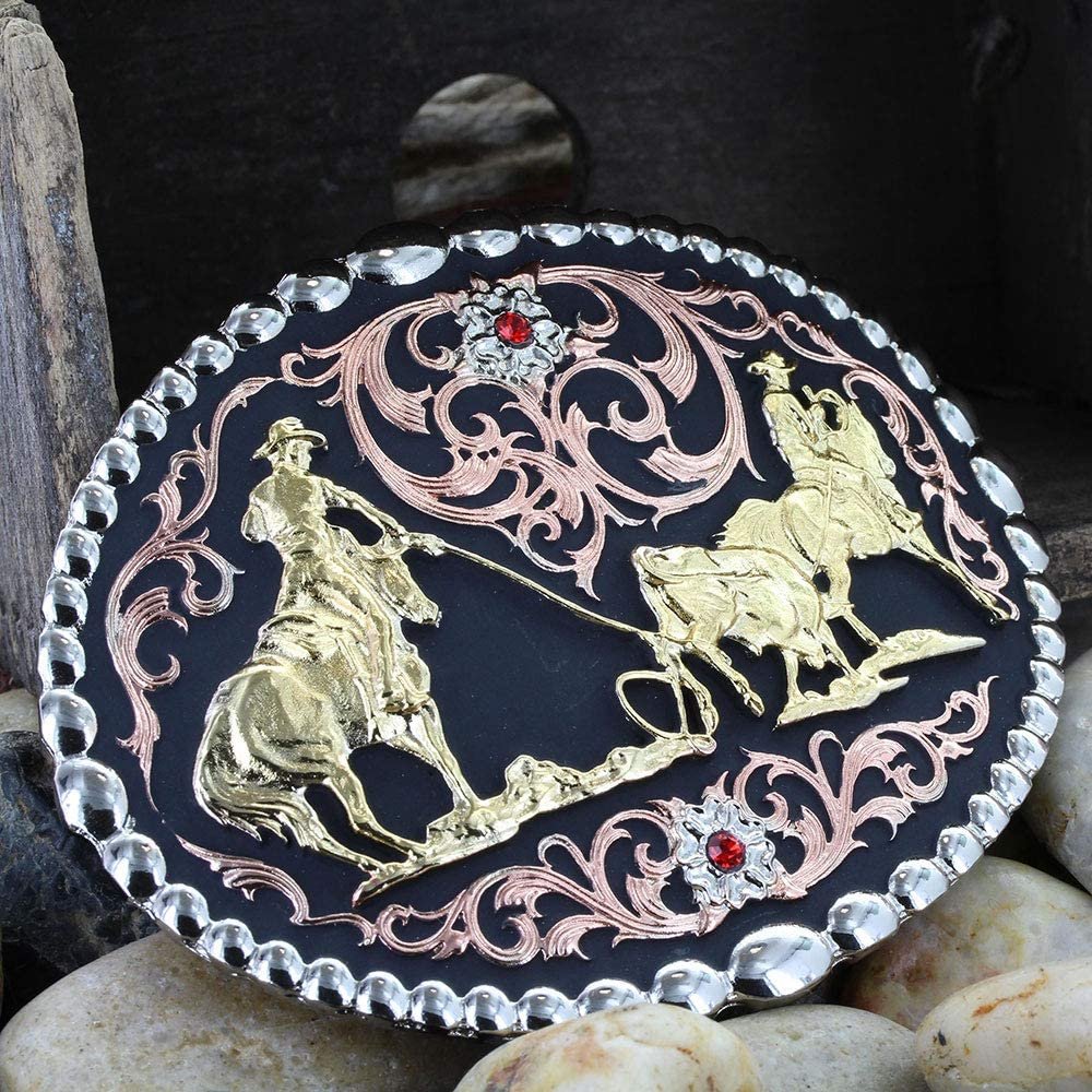 
                  
                    Montana Silversmiths Tri Color Team Roper Attitude Belt Buckle on Background
                  
                