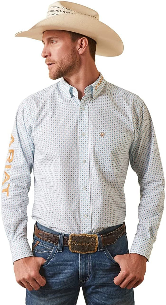 
                  
                    Model Wearing Ariat Men's Team Stuart Fitted Shirt in White
                  
                
