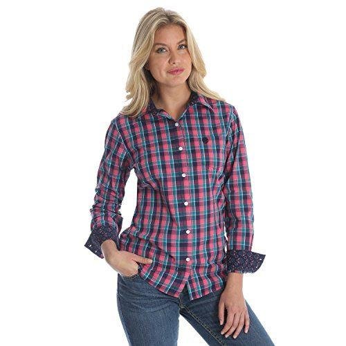Woman in Women's Wrangler George Strait For Her Button Up Plaid Shirt