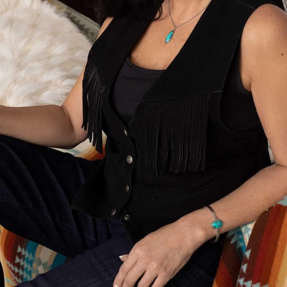 
                  
                    Woman Wearing Montana Silversmiths Women's Oasis Waters Oval Turquoise Cuff Bracelet
                  
                